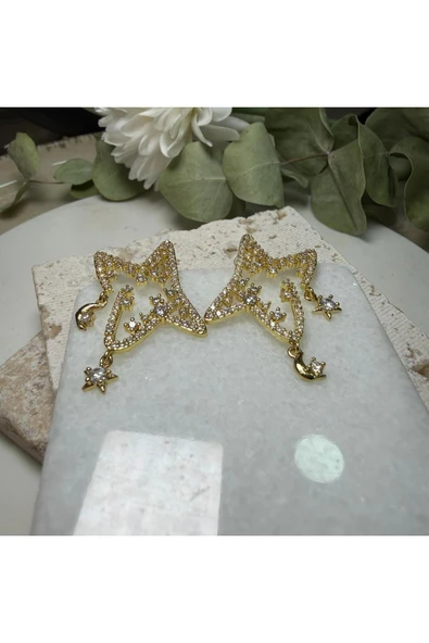 nesdesign Zirkon Taşlı Gold Ay Yıldız Sallantılı Şık Küpe - Resim 2