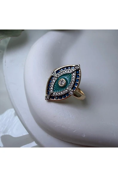 nesdesign Kenarları Lacivert Taşlı Turkuaz Göz Yüzük (Gold) ürün görseli 1