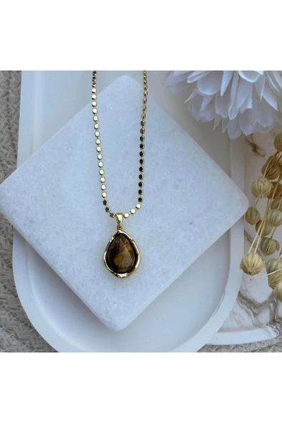 nesdesign Altın Kaplama Damla Şeklinde Kaplan Gözü Ezme Zincir Kolye (40 cm) ürün görseli 1