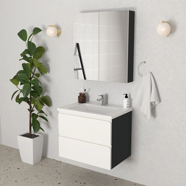 Teta Home Granada 65 cm MDF Gövde Membran Kapak Banyo Dolabı Seti  Antrasit-Beyaz ürün görseli 1