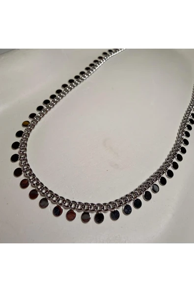 nesdesign Altın Kaplama Yuvarlak Pullu Gümüş Renk Zincir Kolye (45+5 cm) - Resim 2