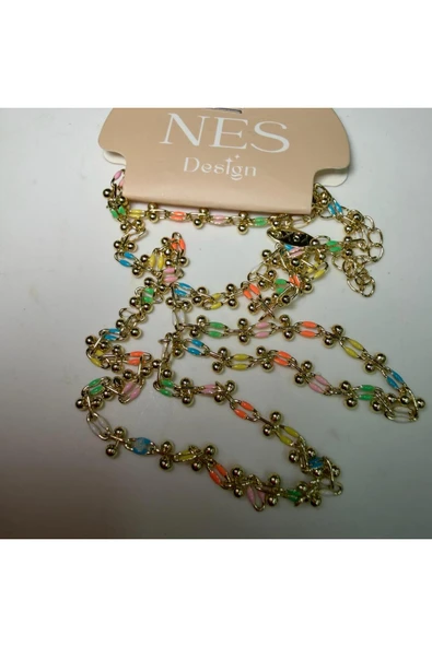 nesdesign Renkli Gold Top Detaylı Zincir Kolye (54+5 cm) - Resim 3