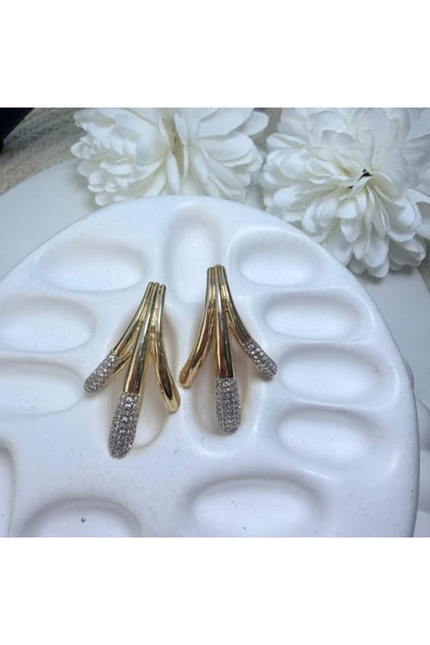 nesdesign Üçlü Görünüm Taşlı Gold Küpe - Resim 2