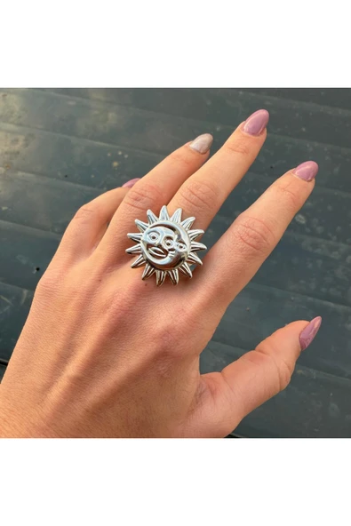 nesdesign Çelik Güneş Ay Büyük Ayarlanabilir Yüzük (Gümüş Renk) ürün görseli 1