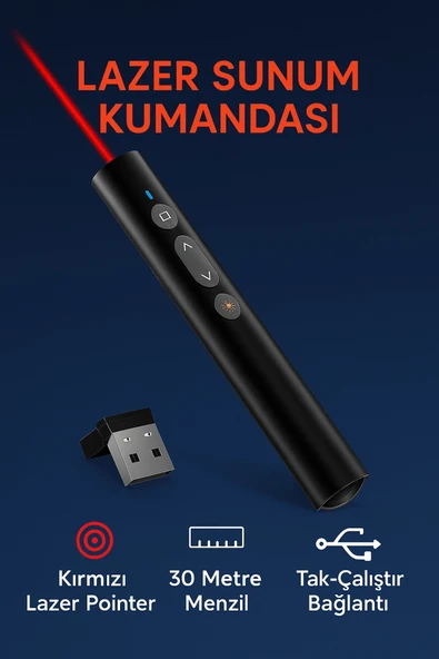 Coverzone Kablosuz Presenter 2.4GHz, 30m Kontrol, USB Alıcılı, PowerPoint Slayt İleri Geri Kumanda | Y-55 ürün görseli 1