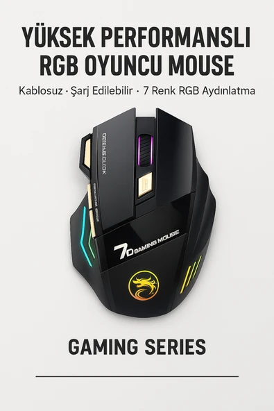 Coverzone Kablosuz RGB Oyuncu Mouse – 3200 DPI, Şarjlı, Ergonomik 2.4GHz Wireless Gaming Mouse | GW-X7 ürün görseli 1