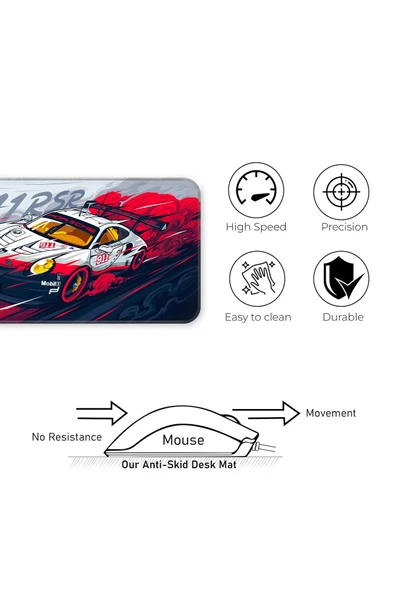 Coverzone 90×40cm XL Yarış Araba Mouse Pad – Su Geçirmez, Kaymaz Tabanlı, Dikişli Kenarlı Büyük Masa Matı - Resim 4