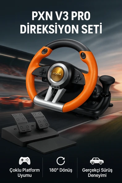 Coverzone Direksiyon Seti – 180° Dönüş, Çift Motor Titreşim, Pedal ve Vitesli Oyun Direksiyonu | PXN V3 Pro ürün görseli 1