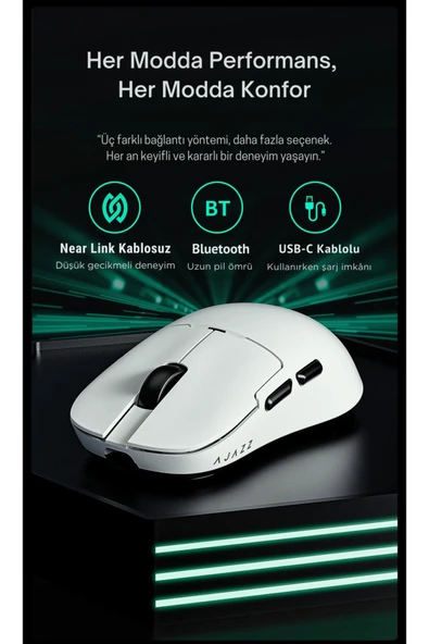 Coverzone Ajazz AJ159 NL Kablosuz Gaming Mouse – 3 Modlu Bağlantı, Ultra Düşük Gecikme, 61g Hafif - Resim 4