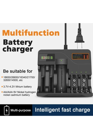 Coverzone 7 Yuvalı Akıllı Pil Şarj Cihazı – LCD Ekranlı, 18650/AA/AAA/9V Hızlı Şarj Destekli | AL-7988A - Resim 2