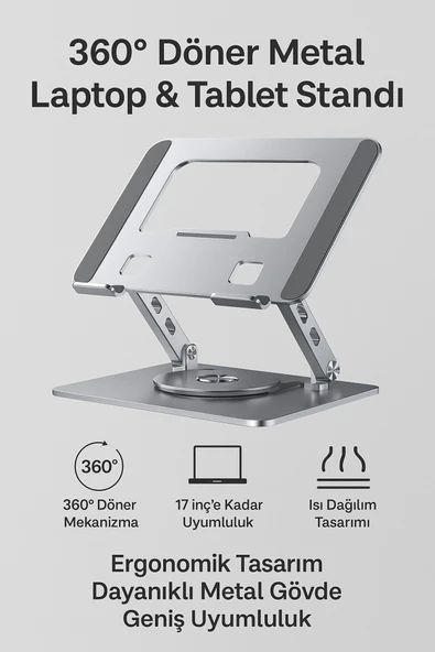 Coverzone Laptop & Tablet Standı ZR747 - 360° Döner, Yükseklik Ayarlı, Katlanabilir, 17 inç’e Kadar Uyumlu ürün görseli 1
