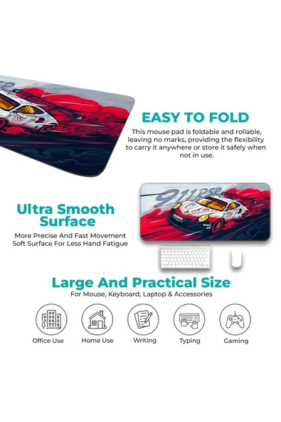 Coverzone 70×30cm Yarış Araba Mouse Pad – Su Geçirmez, Kaymaz Tabanlı, Dikişli Kenarlı Büyük Masa Matı - Resim 5