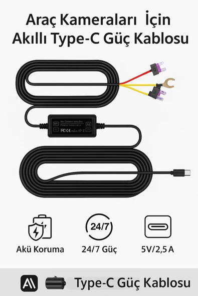 Coverzone 3 Metre Type-C Araba Hardwire Güç Kablosu 12/24V-5V Dönüştürücü Park Modu Destekli ürün görseli 1