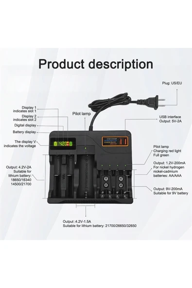 Coverzone 7 Yuvalı Akıllı Pil Şarj Cihazı – LCD Ekranlı, 18650/AA/AAA/9V Hızlı Şarj Destekli | AL-7988A - Resim 4