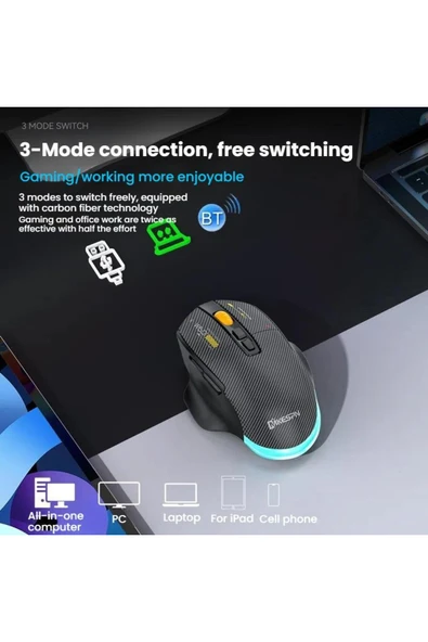 Coverzone W601 Tri-Mode Gaming Mouse – 12800 DPI, RGB, BT + 2.4GHz + Kablolu, Type-C Şarjlı Oyuncu Mouse - Resim 4