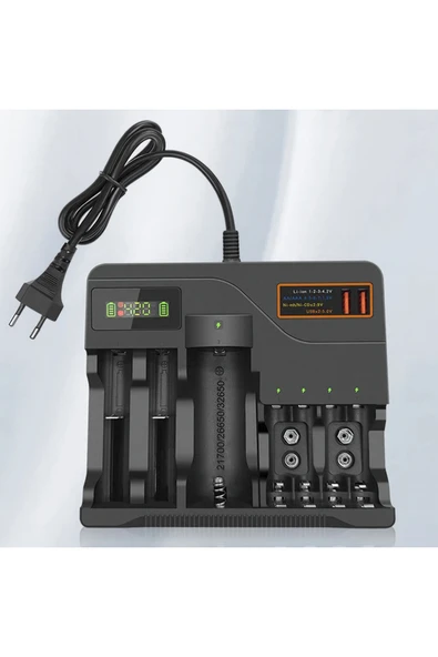 Coverzone 7 Yuvalı Akıllı Pil Şarj Cihazı – LCD Ekranlı, 18650/AA/AAA/9V Hızlı Şarj Destekli | AL-7988A ürün görseli 1