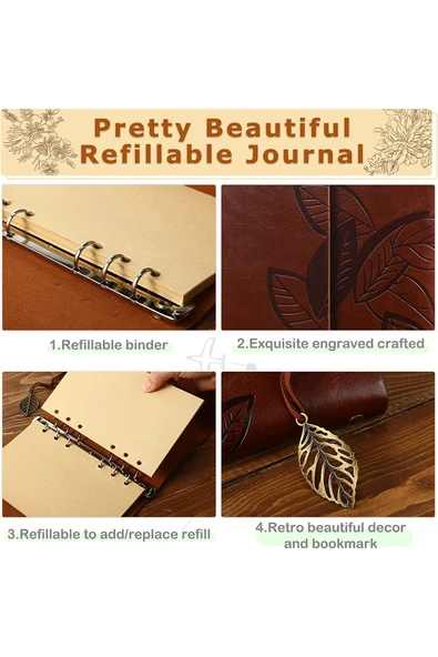 Coverzone Vintage Yaprak Motifli PU Deri Defter–80 Sayfa Çizgisiz Günlük,14.5x10.5 cm,Seyahat Defteri - Resim 4