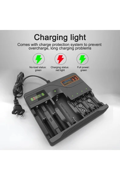 Coverzone 7 Yuvalı Akıllı Pil Şarj Cihazı – LCD Ekranlı, 18650/AA/AAA/9V Hızlı Şarj Destekli | AL-7988A - Resim 7