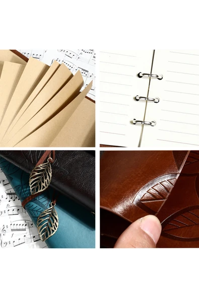 Coverzone Vintage Yaprak Motifli PU Deri Defter–80 Sayfa Çizgisiz Günlük,14.5x10.5 cm,Seyahat Defteri - Resim 3