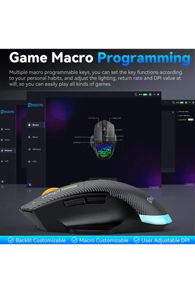 Coverzone W601 Tri-Mode Gaming Mouse – 12800 DPI, RGB, BT + 2.4GHz + Kablolu, Type-C Şarjlı Oyuncu Mouse - Resim 8