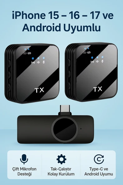 Coverzone Kablosuz Yaka Mikrofonu Çift Mikrofon iPhone 17 ile Uyumlu TYPE-C Portlu Röportaj Canlı Yayın 1027 - Resim 2