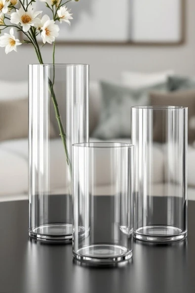 EL İşçiliği Silindir Cam Vazo , Mumluk 3 Lü Set 10 Cm genişlik ,(15-20-25Cm) Uzunluk ürün görseli 1