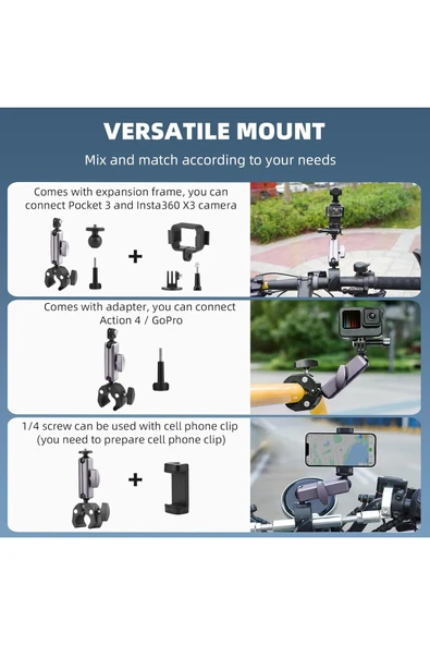 Coverzone Motosiklet ve Bisiklet İçin Kamera Montaj Kelepçesi GoPro Hero DJI Insta360 1/4 Vida Pocket 3 Uyumlu - Resim 2