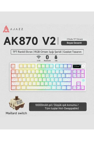 Coverzone Ajazz AK870 V2 Kablosuz 87 Tuş Mekanik Klavye 10000mAh RGB Bluetooth 2.4G Type-C Destekli ürün görseli 1