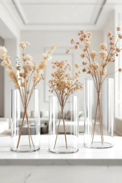 EL İşçiliği Silindir Cam Vazo , Mumluk 3 Lü Set 10 Cm genişlik ,(15-20-25Cm) Uzunluk - Resim 5