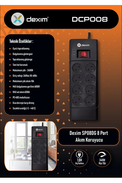 Dexim Sp08dg 8port Akım Koruyucu Priz - Dcp008 - Resim 3