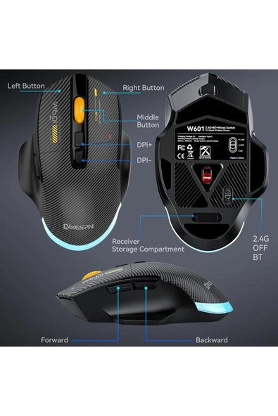 Coverzone W601 Tri-Mode Gaming Mouse – 12800 DPI, RGB, BT + 2.4GHz + Kablolu, Type-C Şarjlı Oyuncu Mouse - Resim 2