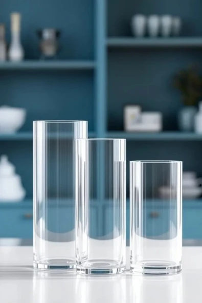 EL İşçiliği Silindir Cam Vazo , Mumluk 3 Lü Set 10 Cm genişlik ,(15-20-25Cm) Uzunluk - Resim 2