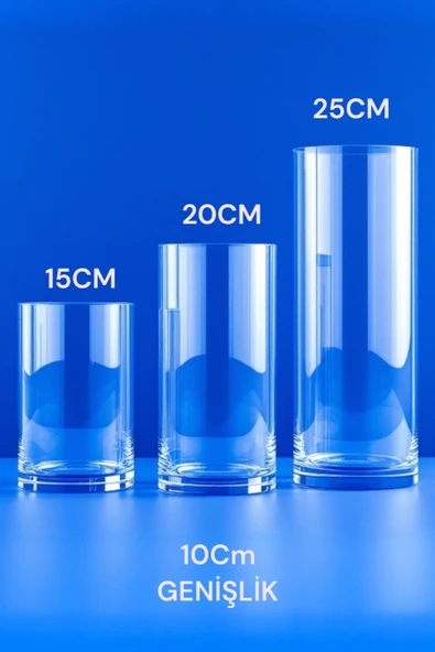 EL İşçiliği Silindir Cam Vazo , Mumluk 3 Lü Set 10 Cm genişlik ,(15-20-25Cm) Uzunluk - Resim 3