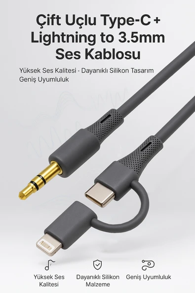 Coverzone Type-C + Lightning 3.5mm Kablo 100cm, Araba, Kulaklık, Ev Ses Ekipmanları ile Uyumlu | SX-151 ürün görseli 1