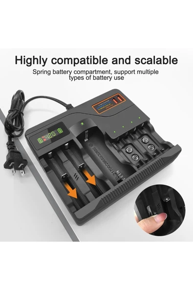 Coverzone 7 Yuvalı Akıllı Pil Şarj Cihazı – LCD Ekranlı, 18650/AA/AAA/9V Hızlı Şarj Destekli | AL-7988A - Resim 5