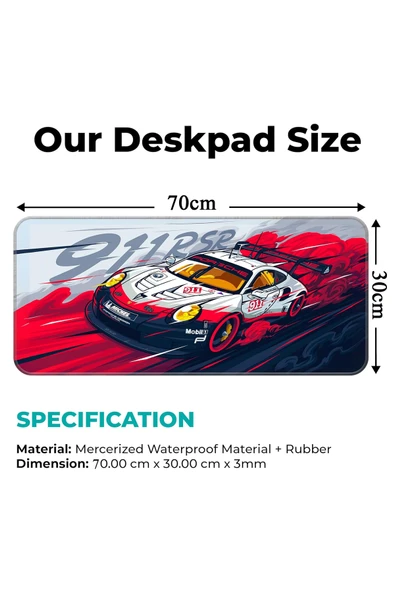 Coverzone 70×30cm Yarış Araba Mouse Pad – Su Geçirmez, Kaymaz Tabanlı, Dikişli Kenarlı Büyük Masa Matı - Resim 2