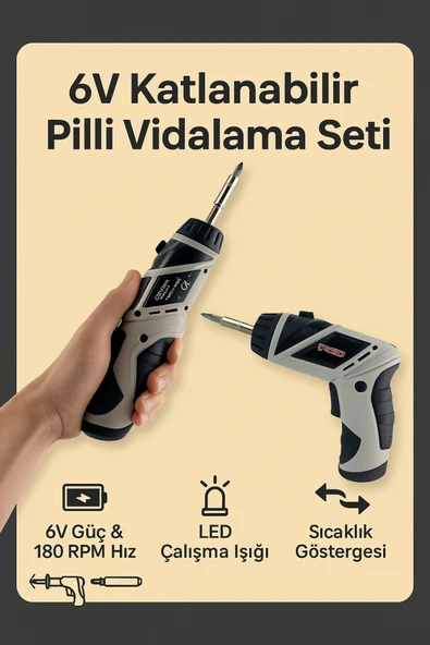 Coverzone Kablosuz Tornavida 6V, 180RPM, LED Işıklı, Katlanabilir Gövde, İleri-Geri Fonksiyonlu | KCS-616 ürün görseli 1