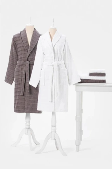 Özdilek Land Aile Bornoz Seti Beyaz-K.Gri ürün görseli 1