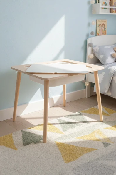 Montessori Çocuk Ahşap Oyun Etkinlik Çalışma Masası, Saklama Alanlı - Resim 4