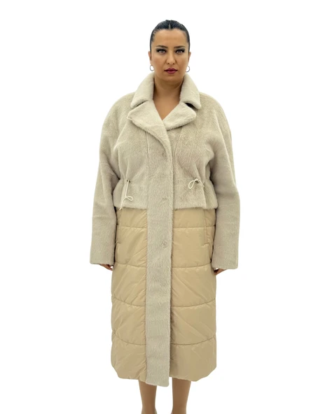 Büyük Beden Kürklü Düğmeli Şişme Uzun Oversize Kadın Kaban - Resim 2