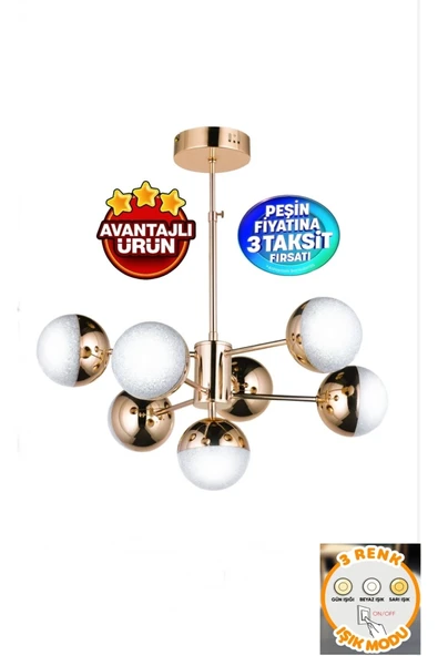 Bohem Aydınlatma 7 toplu solona 3 renk ledli gold salon avizesi trend modeller ledli avizeler ürün görseli 1