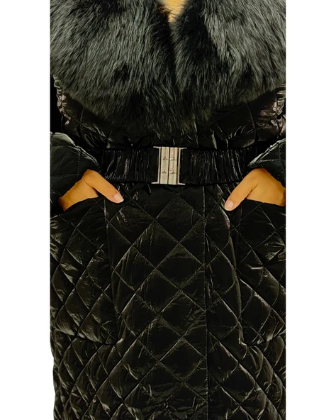 Büyük Beden Gerçek Kürk Yaka Kemerli Kapitone Uzun Kol Oversize Kadın Kaban - Resim 5