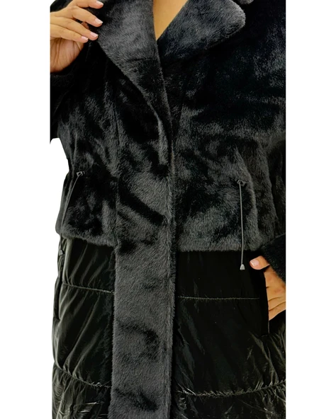 Büyük Beden Kürklü Düğmeli Şişme Uzun Oversize Kadın Kaban - Resim 10