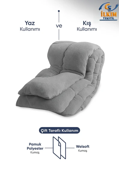 cs ilkim "HEDİYELİ" Tek Kişilik Lüx Gri Welsoft Yorgan Çift Taraflı 155x215 - Resim 4