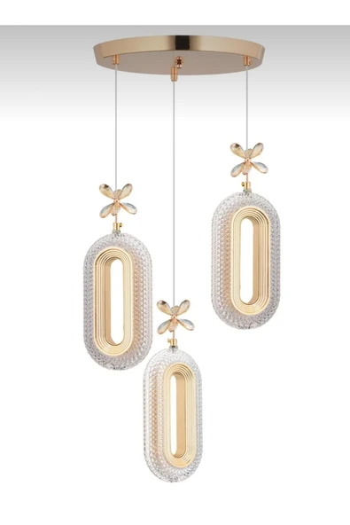 Bohem Aydınlatma BOHEM AYDINLATMA  ELİPS 3 LÜ SARKIT LED AVİZE GOLD sarkıt salon avizeleri - Resim 2