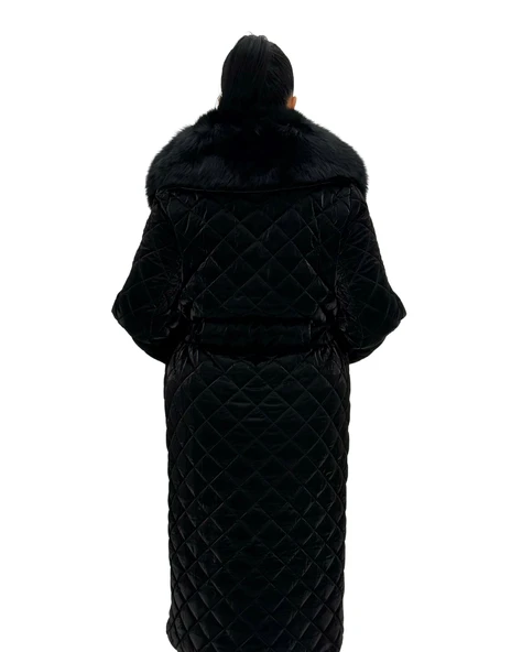 Büyük Beden Gerçek Kürk Yaka Kemerli Kapitone Uzun Kol Oversize Kadın Kaban - Resim 4