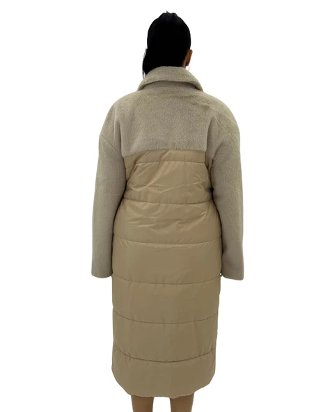 Büyük Beden Kürklü Düğmeli Şişme Uzun Oversize Kadın Kaban - Resim 4