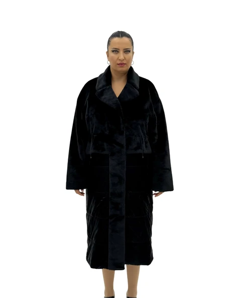 Büyük Beden Kürklü Düğmeli Şişme Uzun Oversize Kadın Kaban - Resim 6