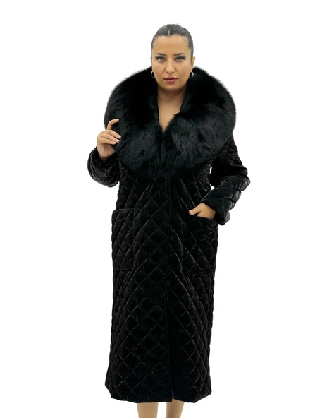 Büyük Beden Gerçek Kürk Yaka Kemerli Kapitone Uzun Kol Oversize Kadın Kaban - Resim 2