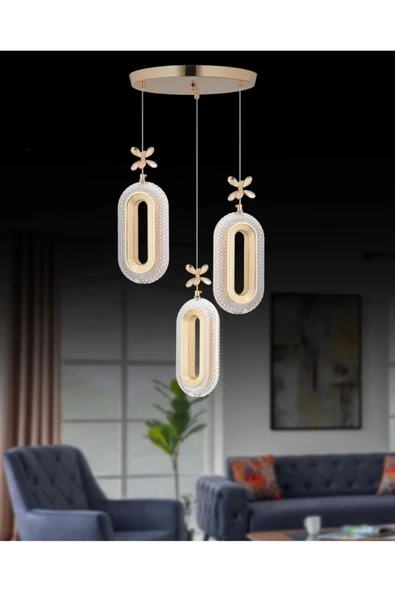 Bohem Aydınlatma BOHEM AYDINLATMA  ELİPS 3 LÜ SARKIT LED AVİZE GOLD sarkıt salon avizeleri - Resim 3